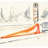 The sculpture that comes to life? The cement yellow tram safety zone prows.