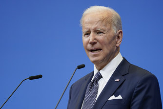 US President Joe Biden speaks during a news conference after a NATO summit and Group of Seven meeting at NATO headquarters.