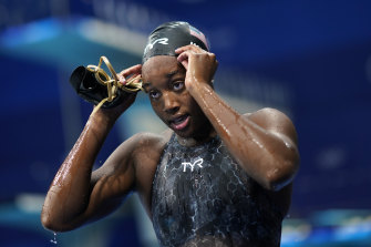Simone Manuel, of the United States, leaves the pool after a women’s 50m freestyle semifinal at the Tokyo Olympics on Saturday.