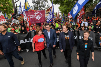 ETU leader Troy Grey (left) and ACTU secretary Sally McManus (right) with Premier Daniel Andrews (middle) at a union rally in Melbourne in January.