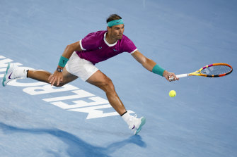 Rafael Nadal of Spain plays a forehand return to Karen Khachanov of Russia during their third round match at the Australian Open.