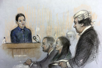 Court sketch of Coleen Rooney’s barrister David Sherborne, right, questioning Rebekah Vardy.