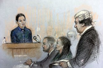 Court sketch of Coleen Rooney’s barrister David Sherborne, right, questioning Rebekah Vardy.
