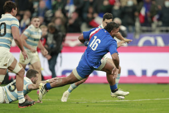 France’s Peato Mauvaka breaks through to score a try.