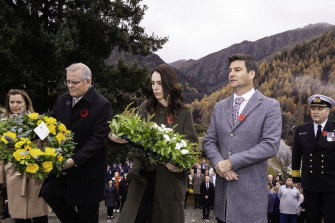 PM Scott Morrison and his NZ counterpart Jacinda Ardern at a wreath laying ceremony in Otago this morning.