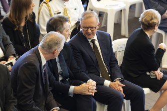 Labor frontbenchers (l-r) Tony Burke, Jason Clare and Opposition Leader Anthony Albanese during St Charbel’s Good Friday liturgy in Punchbowl, western Sydney.