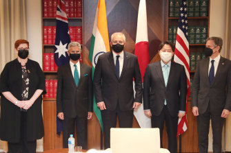Australian Foreign Minister Marise Payne, Indian External Affairs Minister Subrahmanyam Jaishankar, Australian Prime Minister Scott Morrison, Japanese Minister for Foreign Affairs Hayashi Yoshimasa and US Secretary of State Antony Blinken pose for a photo in Melbourne ahead of their meeting on Friday.