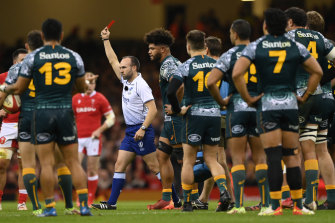 Australia number 8 Rob Valetini is red carded by referee Mike Adamson.