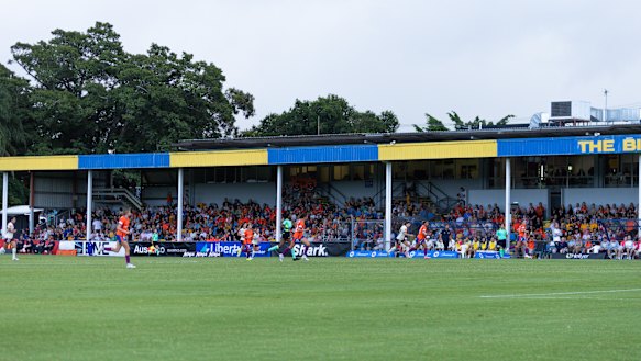 Perry Park’s 1960s-era grandstand packed to the rafters for a recent Brisbane Roar A-League Women match.