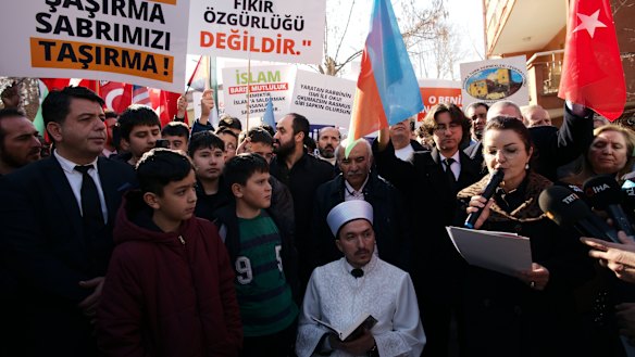 Rasmus Palunda’s stunt sparked counter-protests in other countries. Here people recite from the Koran outside the Swedish embassy in Ankara, Turkey.