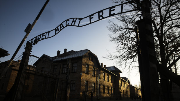 The main entrance at the former Nazi death camp of Auschwitz in Poland, with the inscription, 'Arbeit Macht Frei', which translates into 'Work will set you free'.