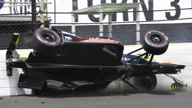 Sebastian Bourdais ploughs into the wall during the Indy 500.