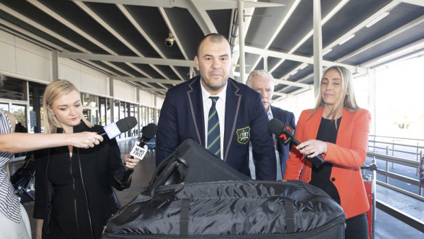 Cheika arrives at Sydney airport after Australia’s quarter-final exit at the 2019 World Cup. 