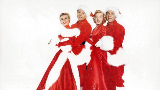 Vera-Ellen, Danny Kaye, Rosemary Clooney and Bing Crosby in a scene from White Christmas.