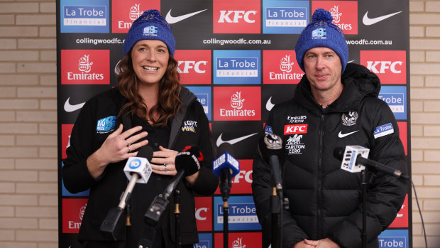Fight MND’s Bec Daniher and Magpies coach Craig McRae on Wednesday.