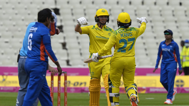 Ash Gardner and Alana King celebrate the winning runs at Edgbaston in Australia’s opening match. 