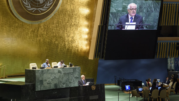 Palestinian Ambassador to the UN Riyad Mansour addresses the gathering.