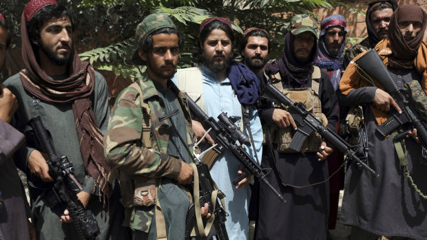 Taliban fighters pose for photograph in Wazir Akbar Khan, Kabul, Afghanistan. The group has inherited US-supplied weapons and technology abandoned and/or surrendered by Afghan forces.