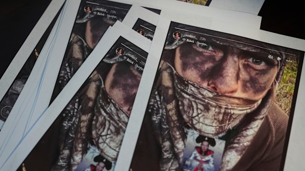 Handout screenshots of suspect Wess Roley’s Instagram story are seen at the Kootenai County Sheriff’s Office during a press conference on Monday.