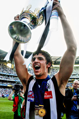 Norm Smith medallist Scott Pendlebury celebrating the 2010 premiership.