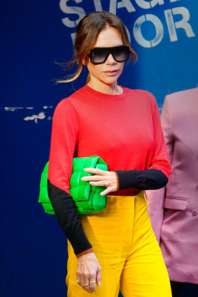 Victoria Beckham wearing a sweater from her collaboration with The Woolmark Company in New York.