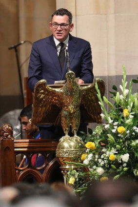 Premier Daniel Andrews paying tribute to John Cain at his memorial service earlier this month.