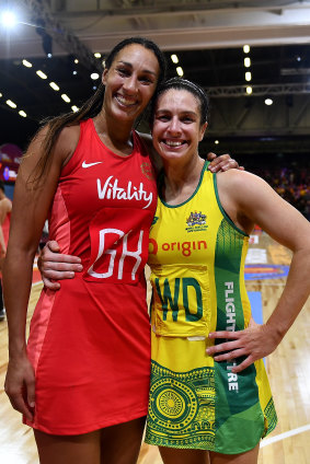 Geva Mentor (England) and Ash Brazill (AUstralia) were Super Netball teammates at Collingwood, but rivals at the World Cup on Sunday in Cape Town.