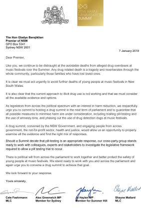 The letter sent to Premier Berejiklian.