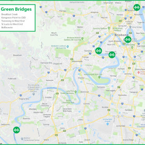 The new green bridges include the already announced Kangaroo Point to CBD river crossing, as well as Toowong to West End, St Lucia to West End, Breakfast Creek and Bellbowrie (not pictured).