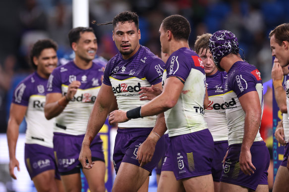 Eli Katoa celebrates the contentious try.