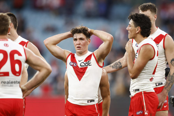 The Swans leave the field after their loss.