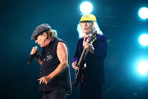 Brian Johnson, left, and Angus Young of AC/DC. The band’s Power Up tour sparked a surge of interest that saw them chart repeatedly.