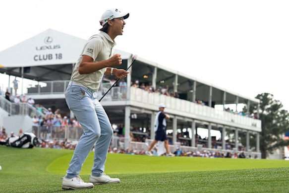 Min Woo Lee reacts after his tournament winning putt 