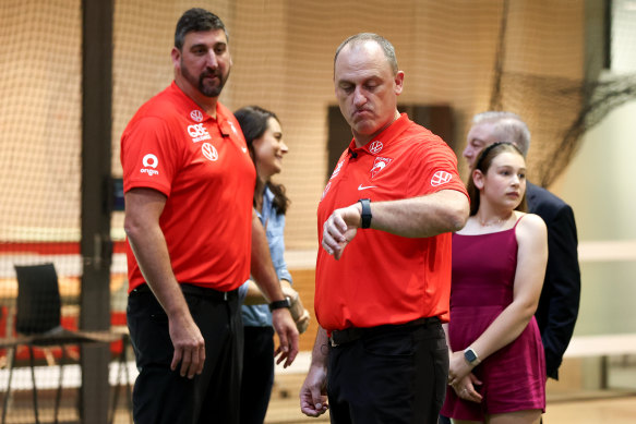New Swans coach Dean Cox (left) with his predecessor John Longmire.