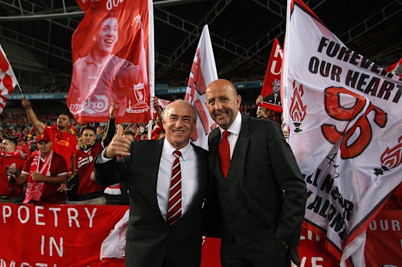 Former Liverpool players Craig Johnston and Gary McAllister pose with fans before the friendly against Sydney FC in 2017. The match was a huge success. The TV coverage, not so much.