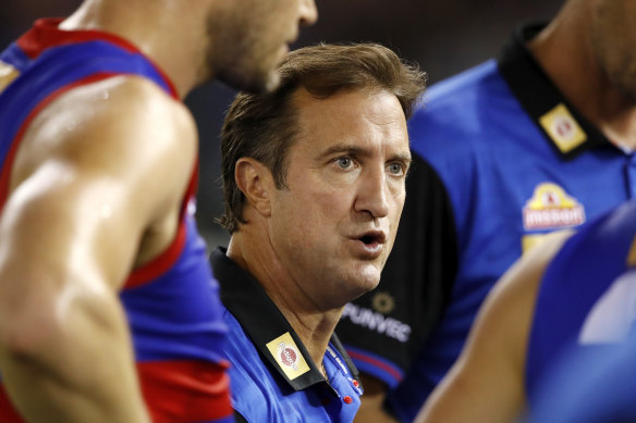 Luke Beveridge addresses the players during Sunday’s thrilling win over the Eagles.
