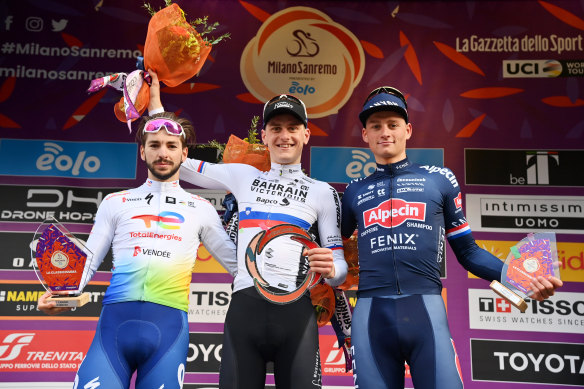 Matej Mohoric, centre, on the podium with runner-up Anthony Turgis, left, and Mathieu Van der Poel, right, who was third. 