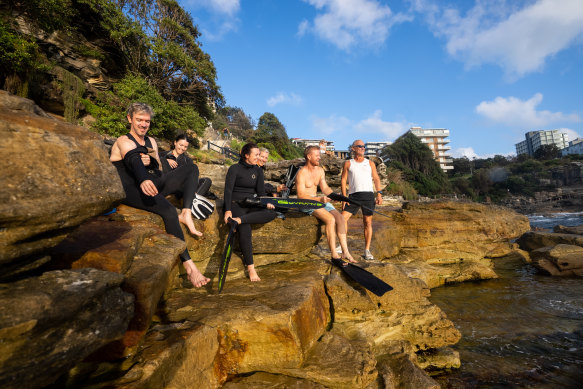 Free divers from the Grey Nurse Shark Census program prepare to get in the water to monitor the grey nurse population at South Bondi.