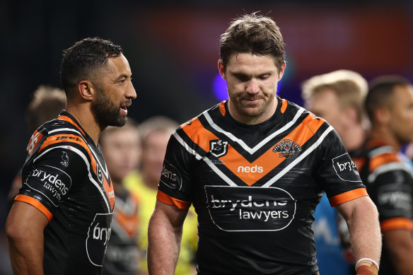 Tiger twins ... Benji Marshall and Chris Lawrence celebrate milestones against Newcastle.