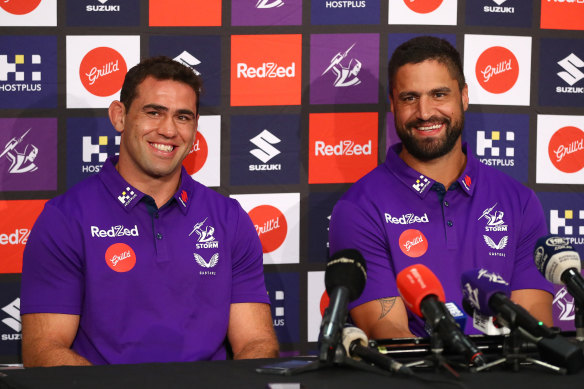 Storm co-captains Jesse Bromwich and Dale Finucane at the club’s  captaincy announcement at AAMI Park on Friday.