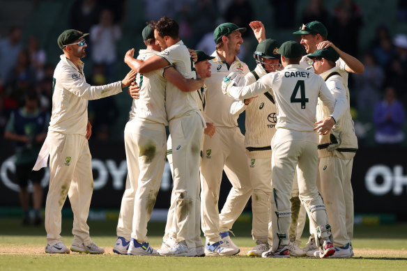 Australia celebrates victory in the Boxing Day Test.