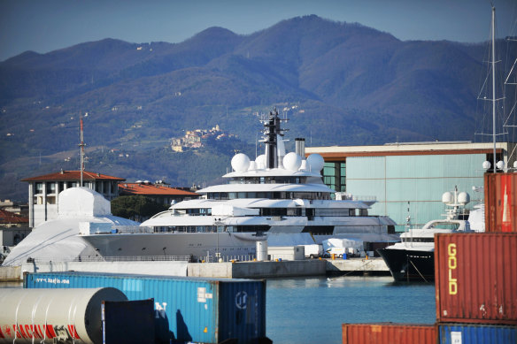 The superyacht Scheherazade, which has been linked to Vladimir Putin, in port in Italy.