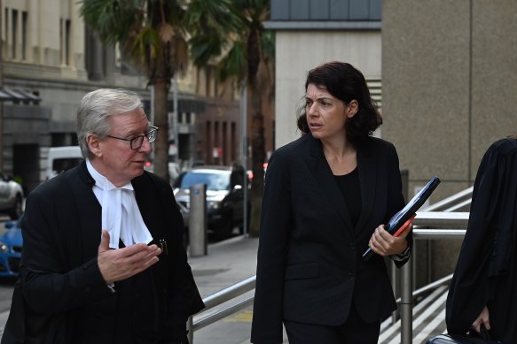 Sue Chrysanthou SC, right, arrives at the Federal Court in Sydney on Monday with her barrister, Noel Hutley SC.