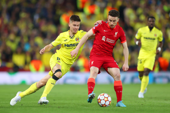 Villarreal’s Juan Foyth challenges Liverpool’s Diogo Jota during the Champions League semi-final at Anfield.