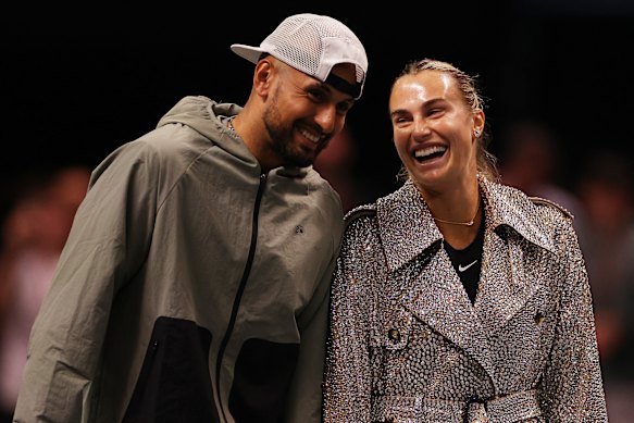 Kyrgios and Aryna Sabalenka shared a laugh ahead of their Battle of the Sexes match in Dubai last year.