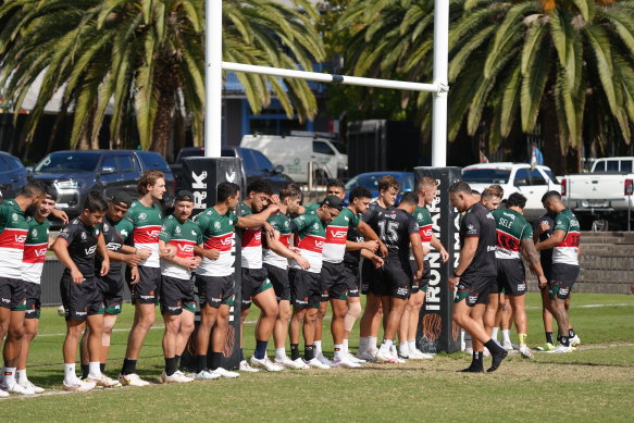 Rabbitohs players at the club’s final training session at Redfern Oval.