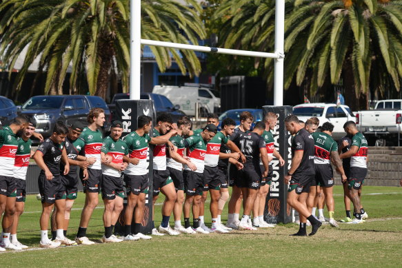 Rabbitohs players at the club’s final training session at Redfern Oval.