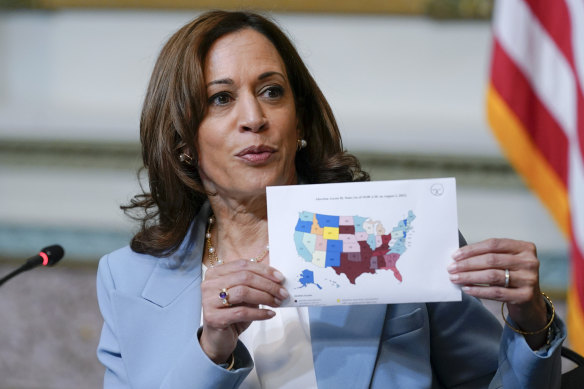 US Vice President Kamala Harris displays a map showing abortion access by state.