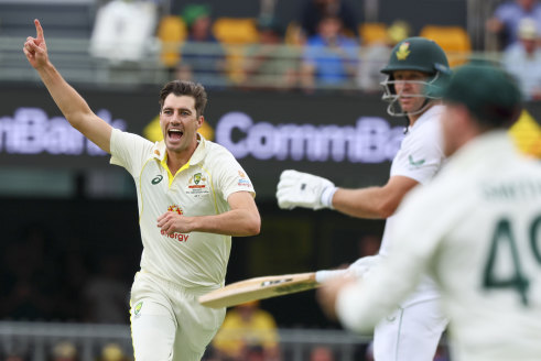 Pat Cummins celebrates one of his five second-innings scalps on the green Gabba pitch.