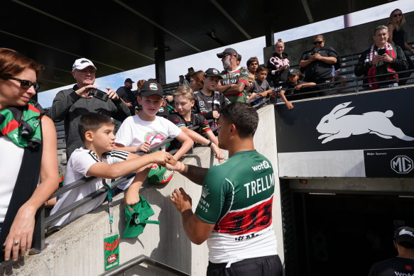Latrell Mitchell mingles with fans at Redfern Oval for the last time.